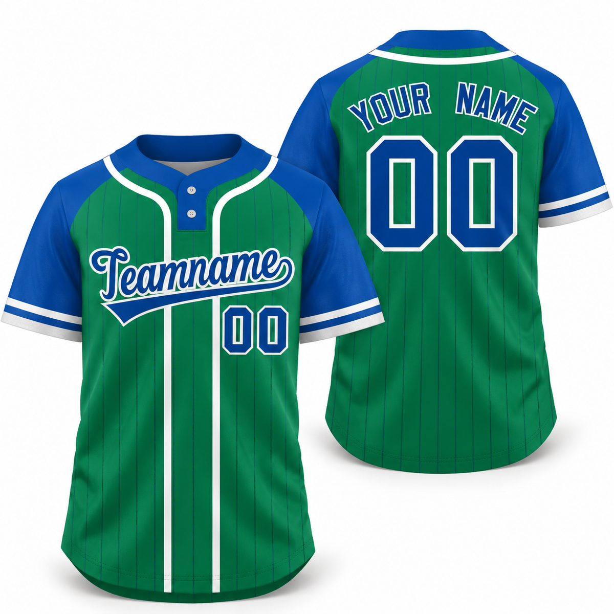 Custom Kelly Green Royal-White Stripe Fashion Raglan Sleeves Athletic Two-Button Softball Jersey