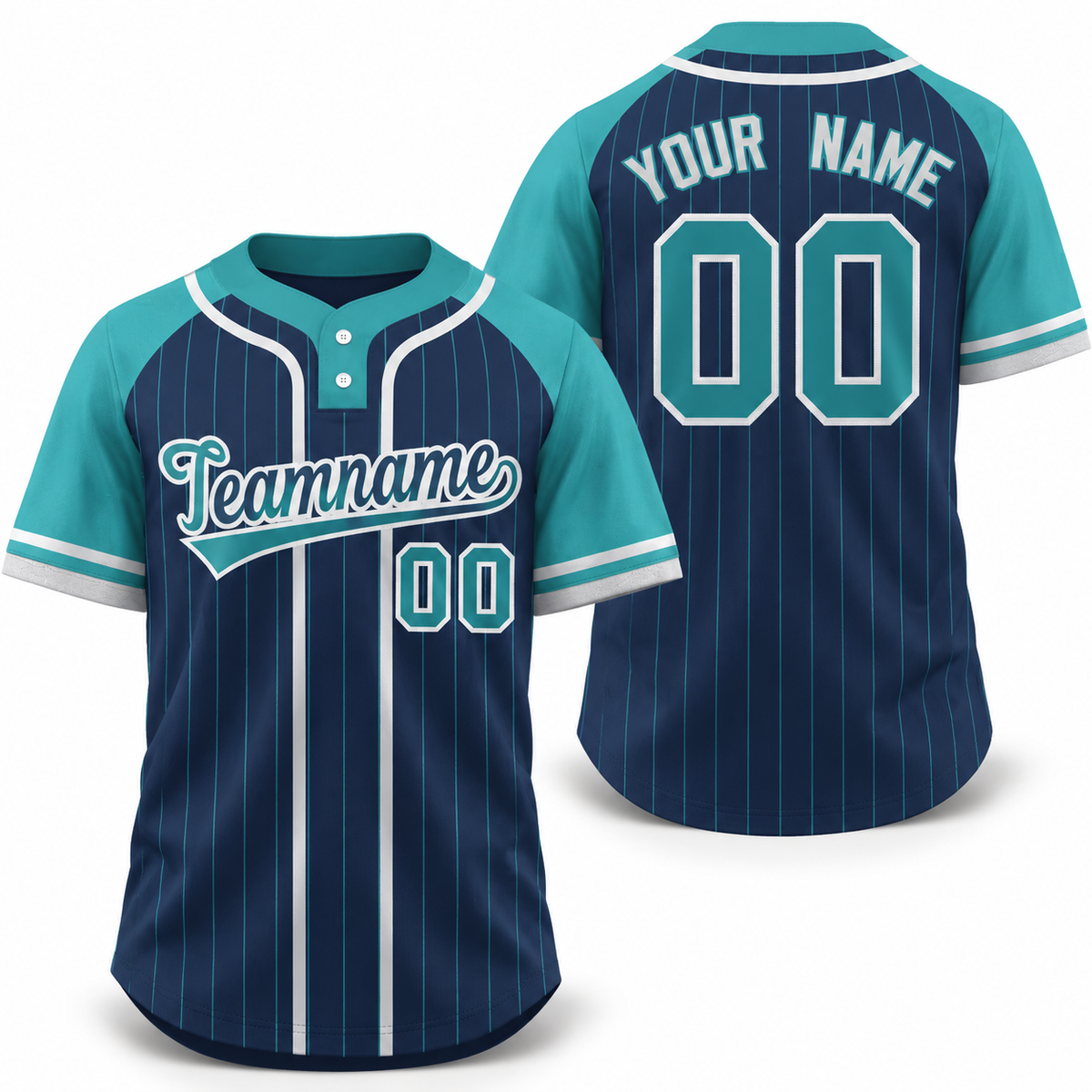 Custom Navy Aqua-Gray Stripe Fashion Raglan Sleeves Athletic Two-Button Softball Jersey
