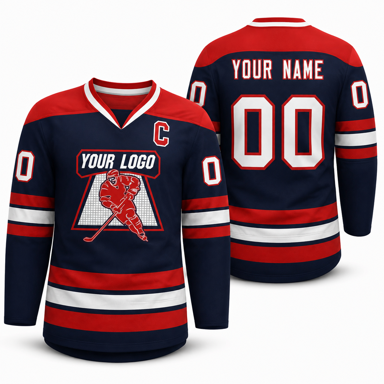 Custom Navy Red-White Personalized Classic V-Neck Hockey Jersey