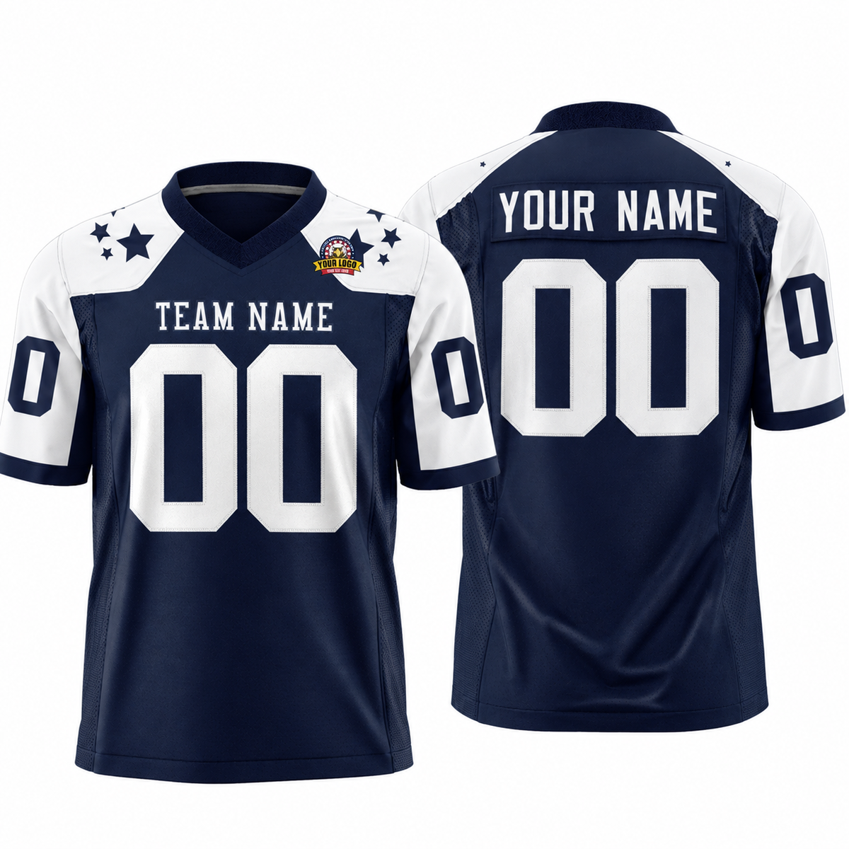 Custom Navy White Personalized Shoulder Star Pattern Flag Football Jersey