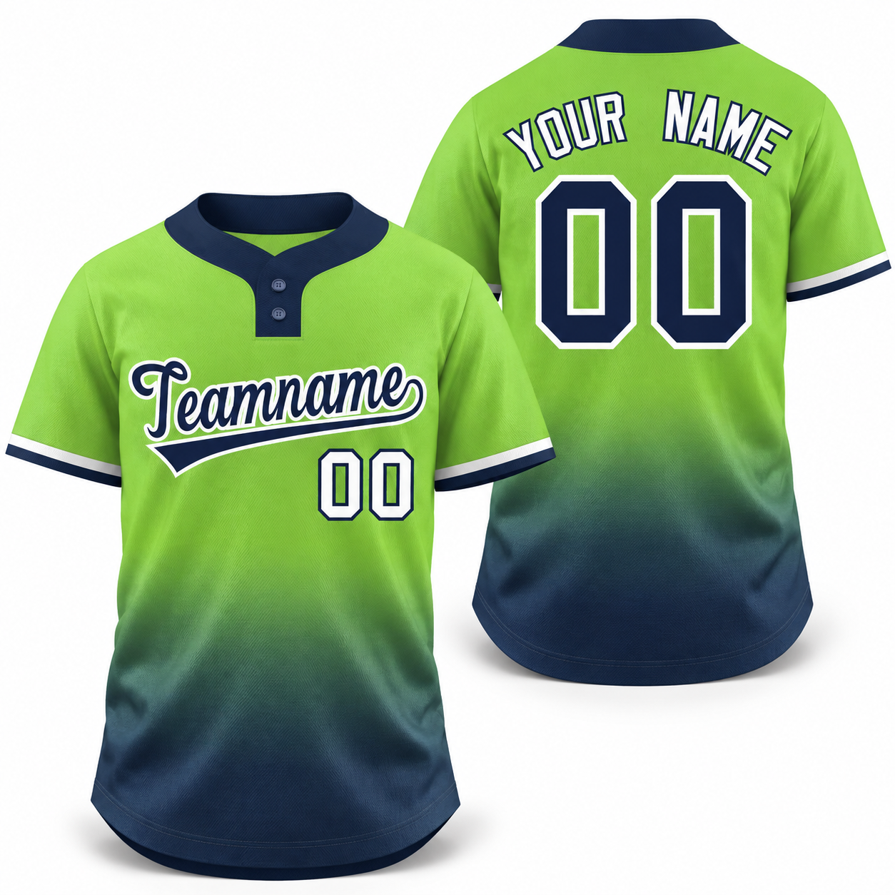 Custom Neon Green Navy Navy-White Gradient Fashion Athletic Two-Button Softball Jersey