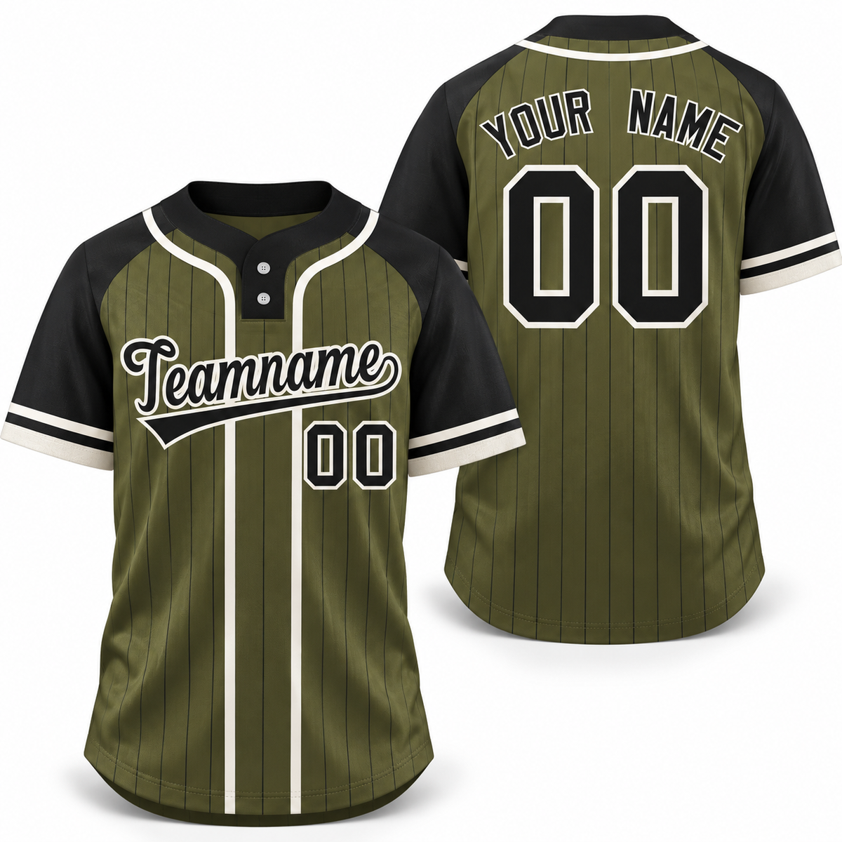 Custom Olive Black-Cream Stripe Fashion Raglan Sleeves Athletic Two-Button Softball Jersey