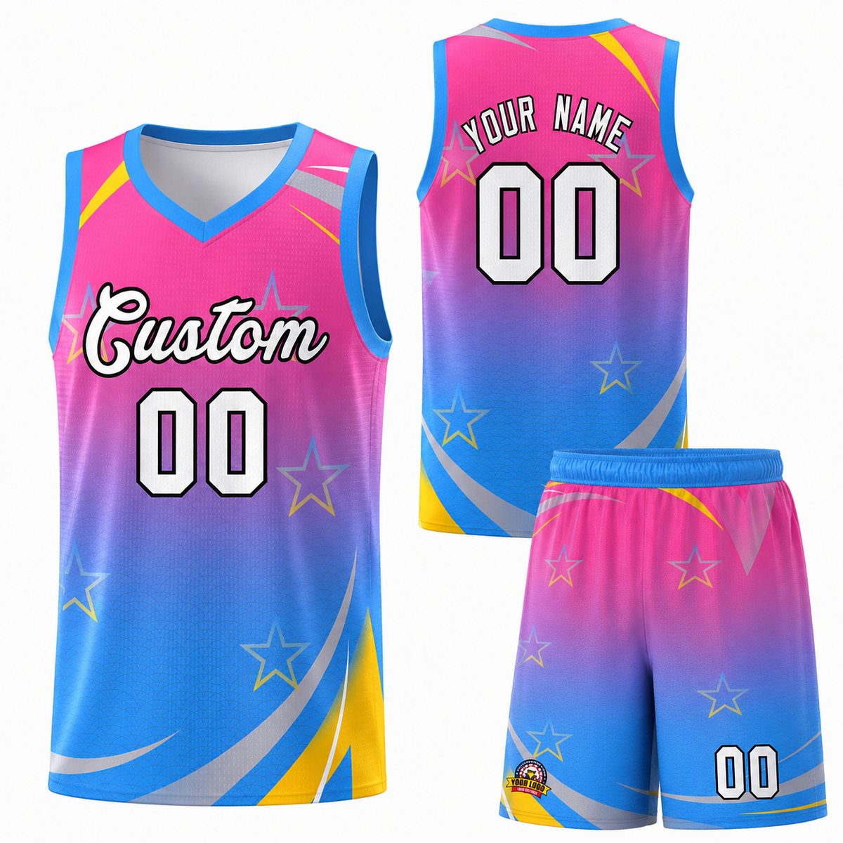Custom Pink Powder Blue Gradient Star Graffiti Pattern Sports Uniform Basketball Jersey