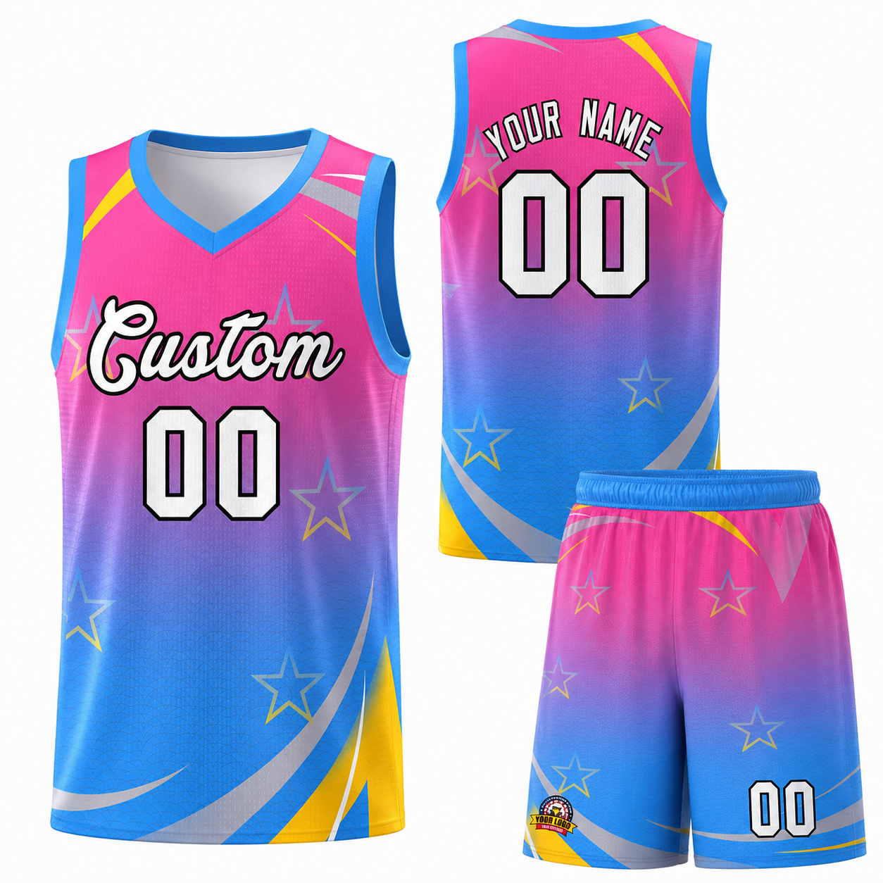 Custom Pink Powder Blue Gradient Star Graffiti Pattern Sports Uniform Basketball Jersey