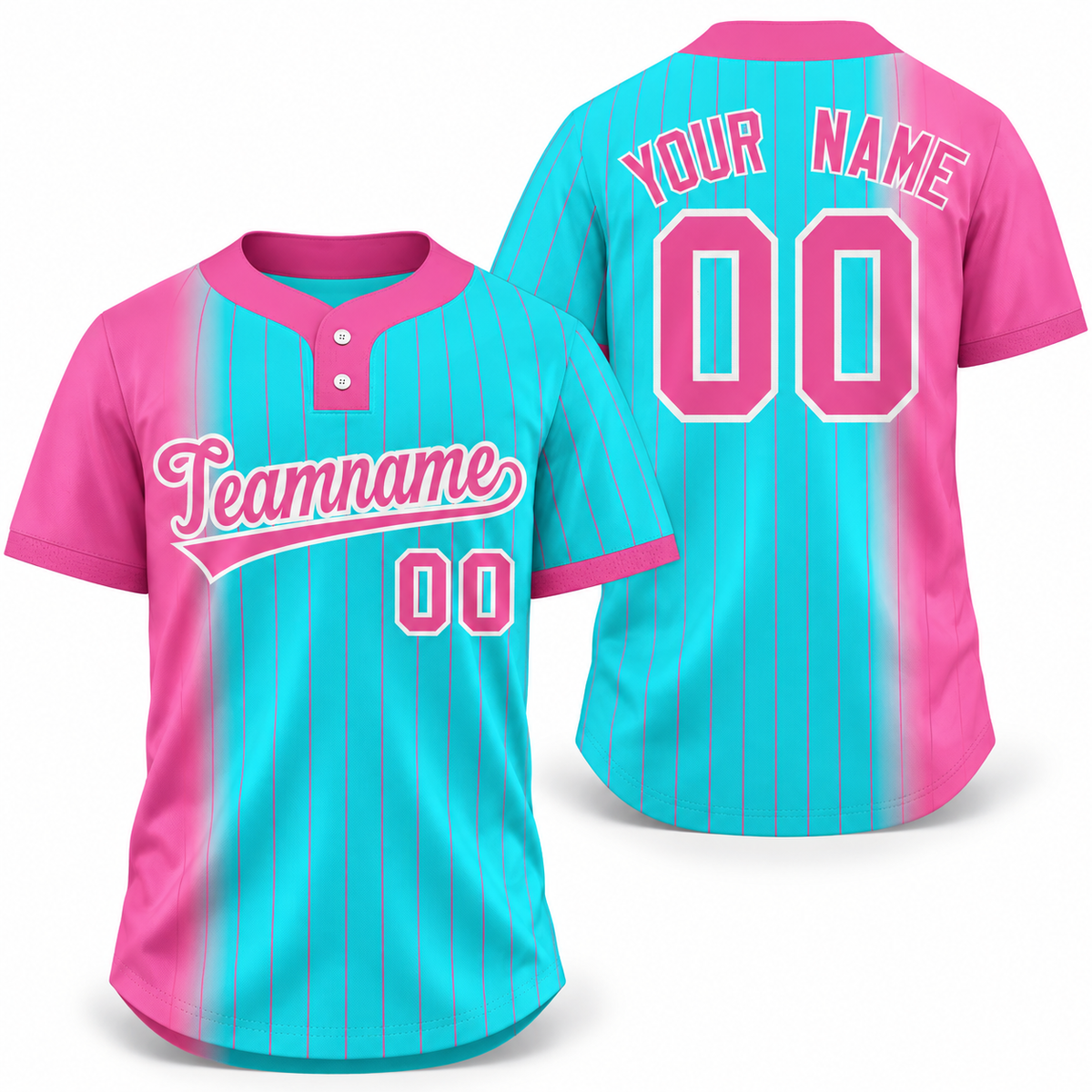 Custom Pink Sky Blue Gradient Stripe Fashion Athletic Two-Button Softball Jersey