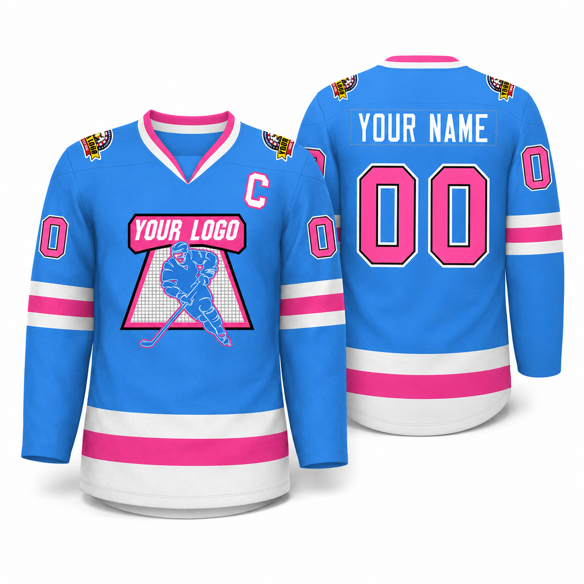 Custom Powder Blue Pink Black-White Classic Style Hockey Jersey