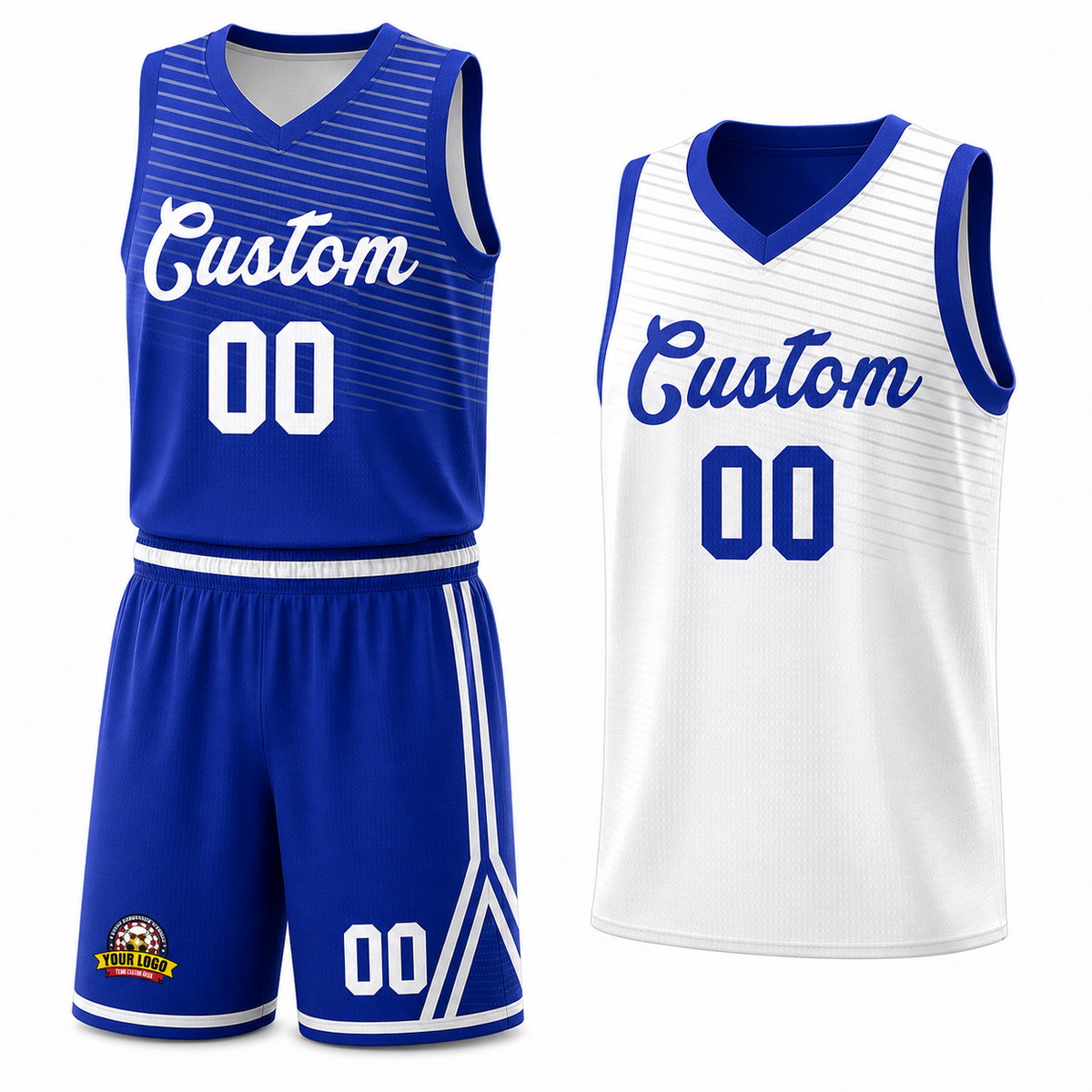 Custom Royal White Chest Slash Patttern Double Side Sports Uniform Basketball Jersey