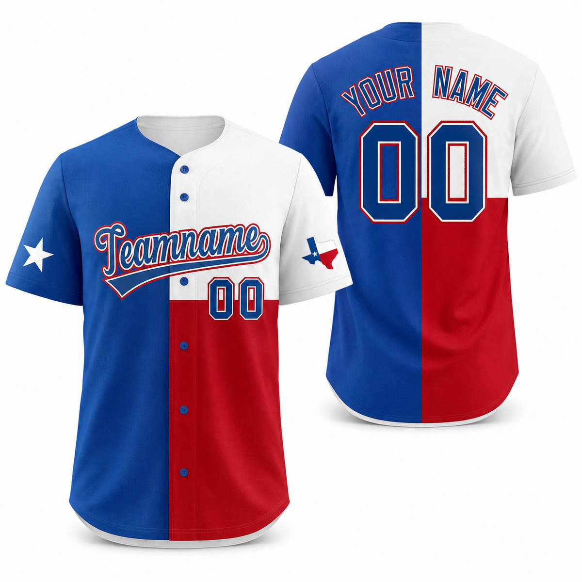 Custom Royal White Red Texas Flag Color Block Athletic Baseball Jersey