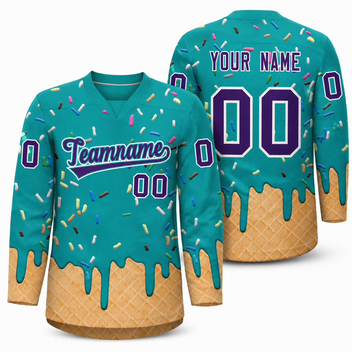 Custom Teal Purple Ice Cream Pattern Personalized V-Neck Hockey Jersey