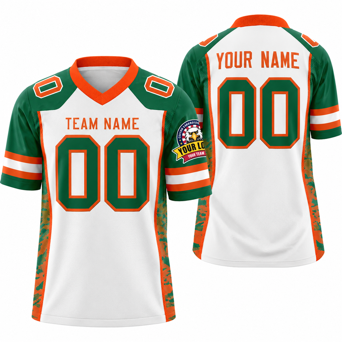 Custom White Kelly Green-Orange Raglan Sleeves Personalized Side Pattern Athletic Football Jersey