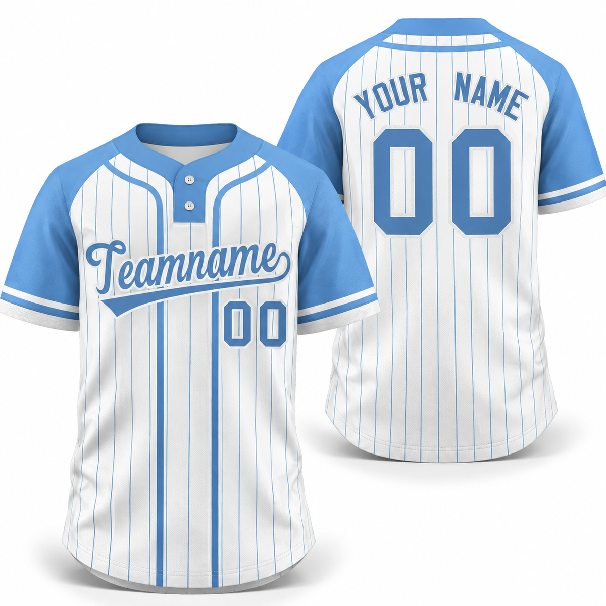 Custom White Light Blue Stripe Fashion Raglan Sleeves Athletic Two-Button Softball Jersey