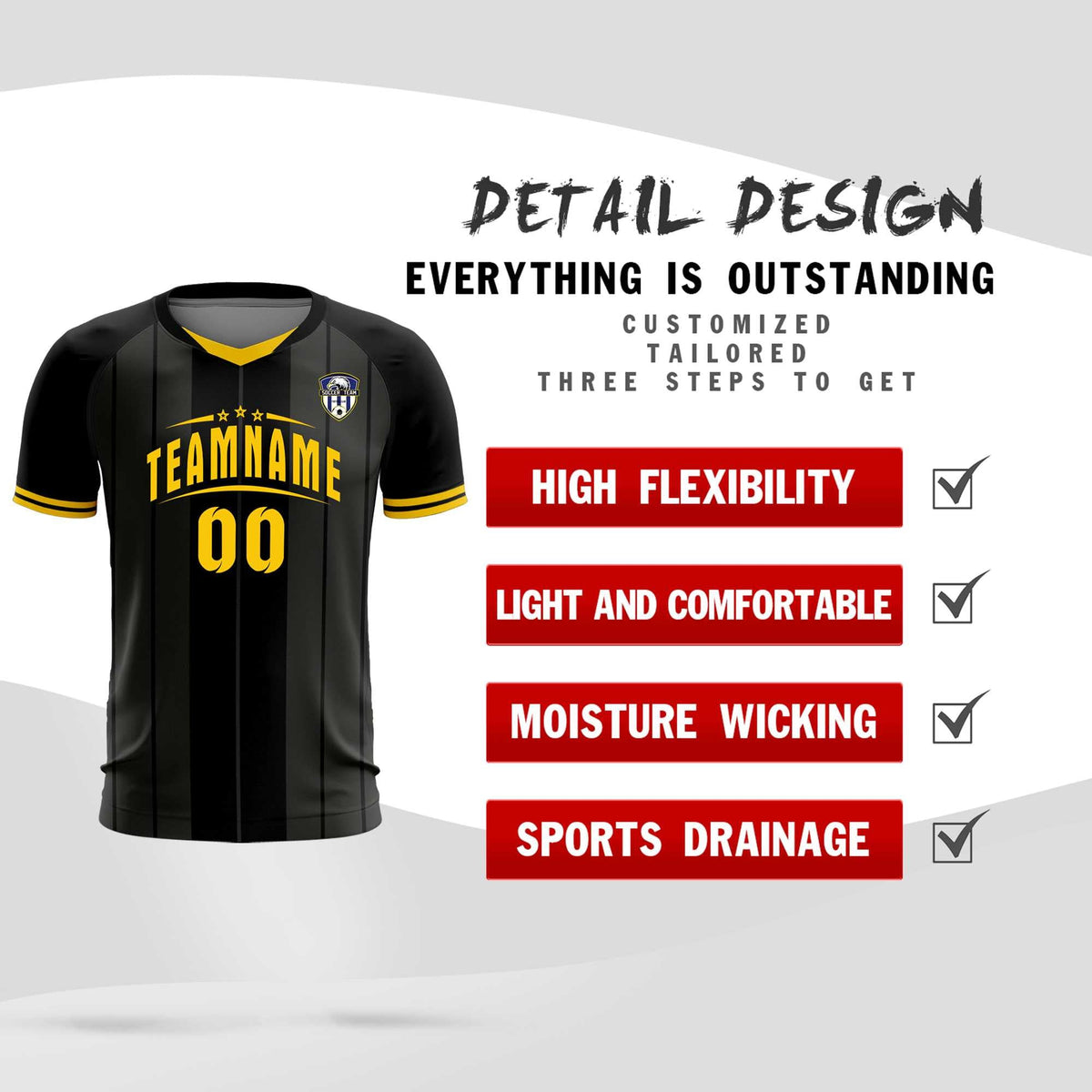Custom Black Classic Striped Personalized Soccer Tops/Sets Jersey