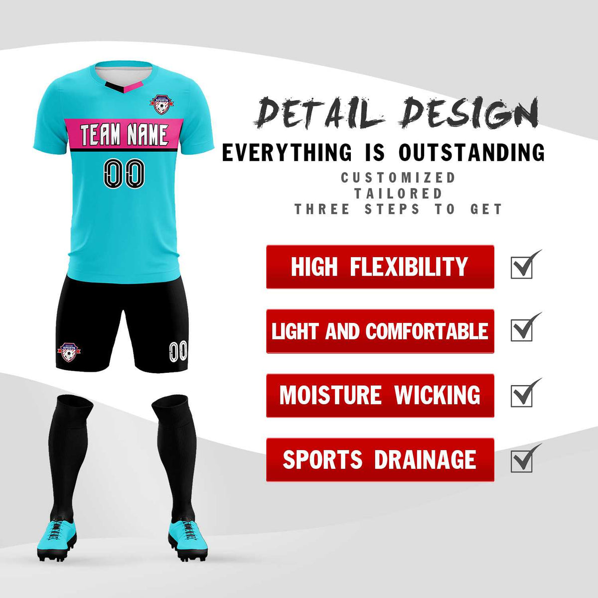 Custom Sky Blue Classic Sports Sets Soccer Shirt Jersey