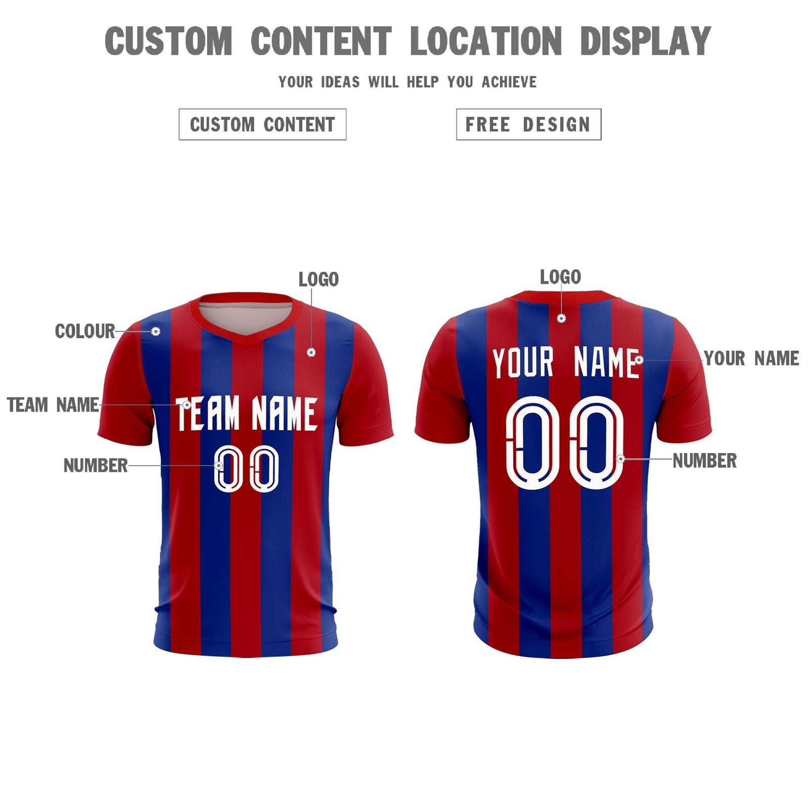 Custom Red Royal Vertical Stripes Casual Outdoor Soccer Sets Jersey