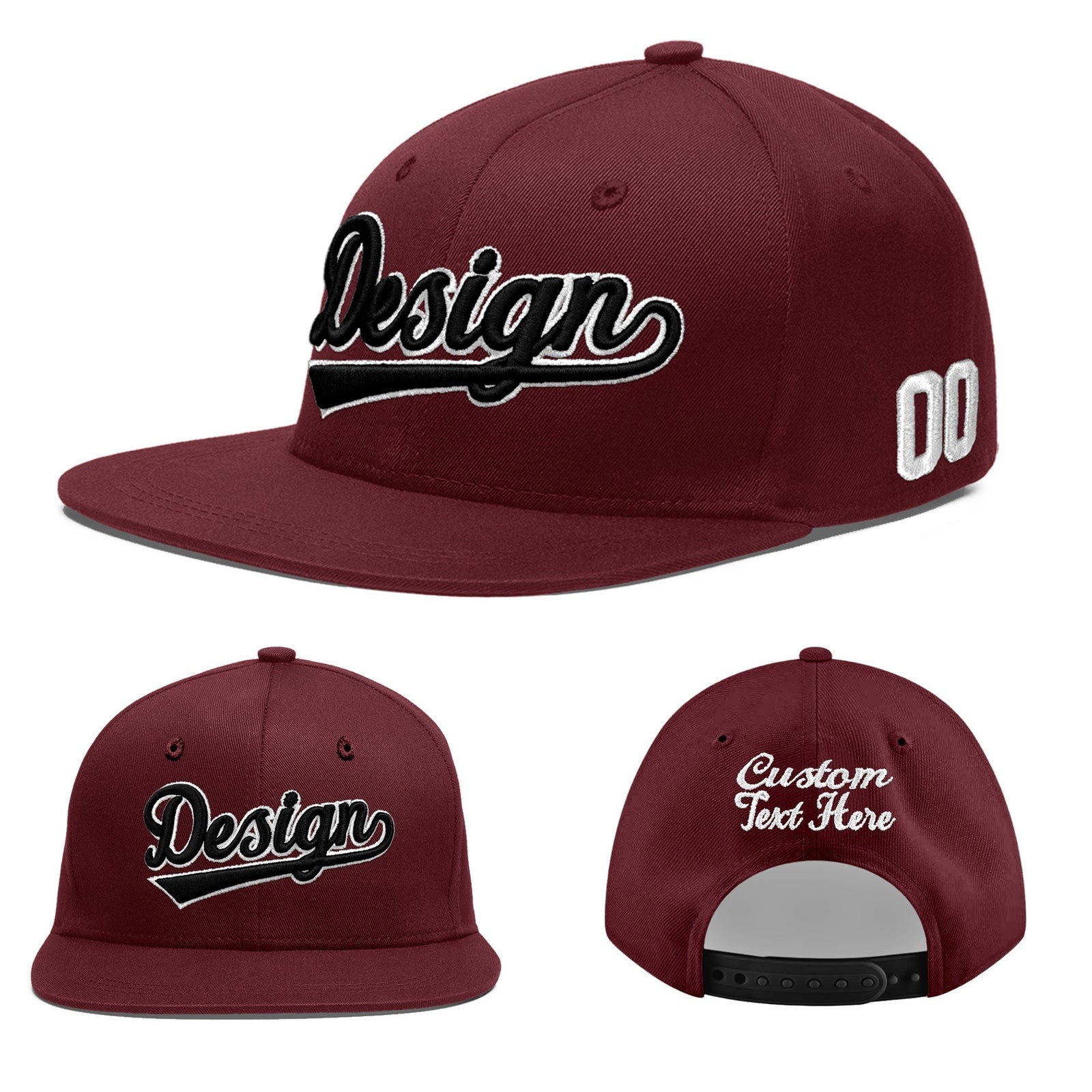 Custom Burgundy 3D Puff Embroidery Flat Embroidery Casual Sport Baseball Cap
