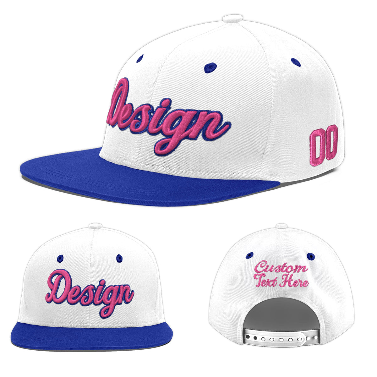 Custom White Royal Blue 3D Puff Embroidery Flat Embroidery Casual Sport Baseball Cap