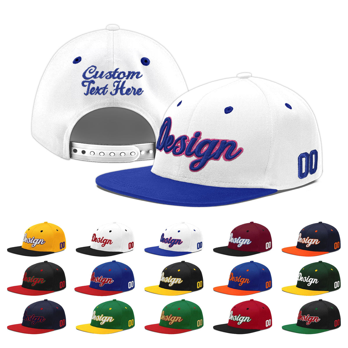 Custom White Royal Blue 3D Puff Embroidery Flat Embroidery Casual Sport Baseball Cap