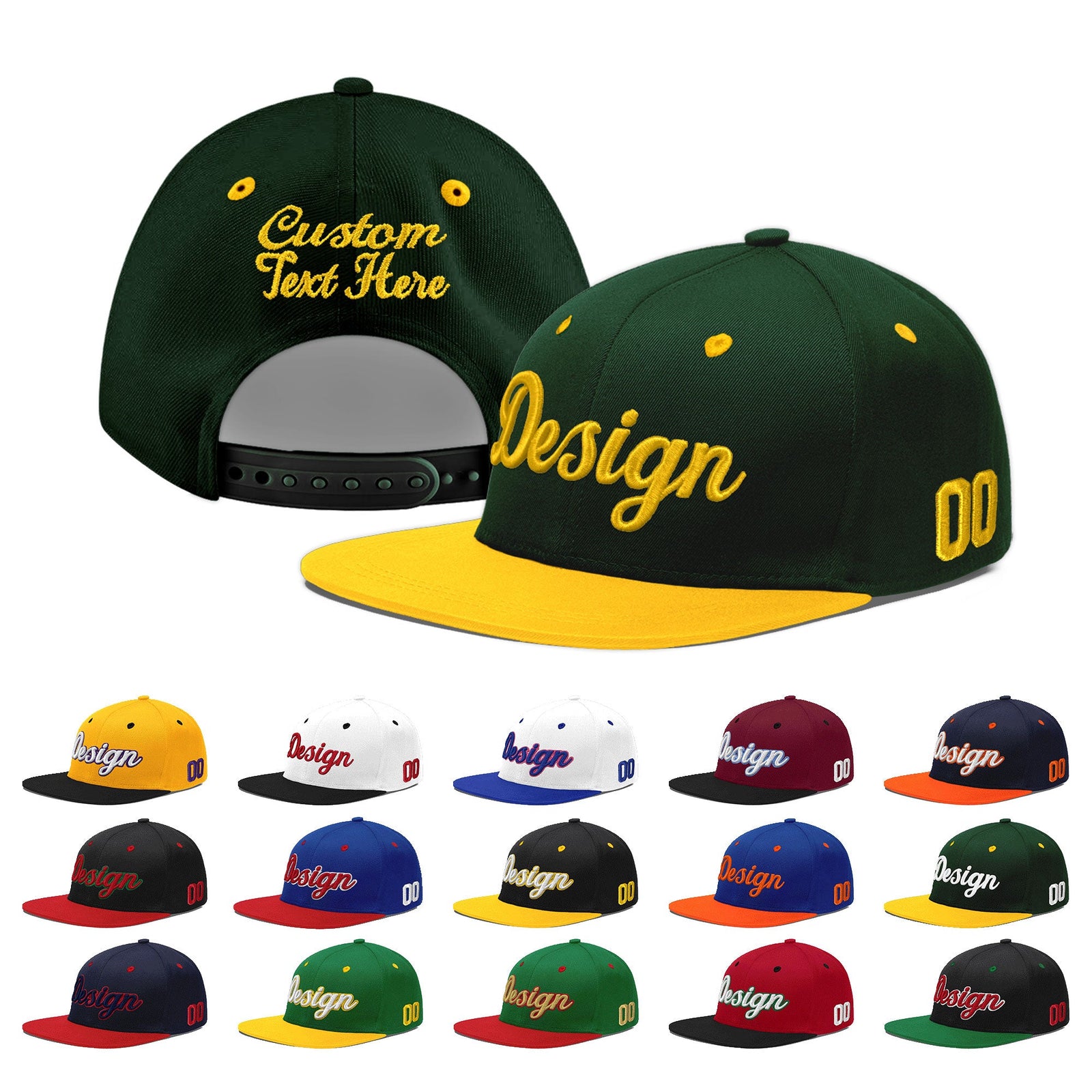 Custom Green Gold 3D Puff Embroidery Flat Embroidery Casual Sport Baseball Cap