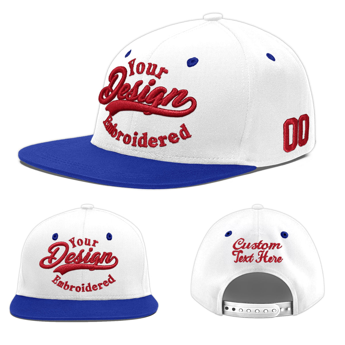 Custom White Royal Blue 3D Puff Embroidery Flat Embroidery Casual Sport Baseball Cap