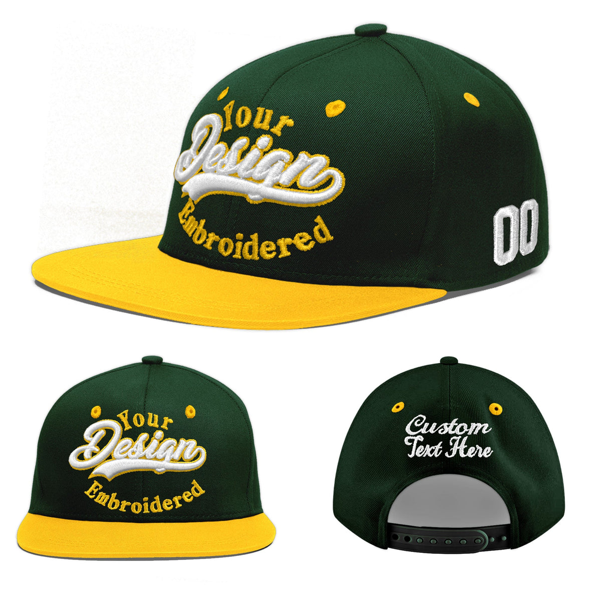 Custom Green Gold 3D Puff Embroidery Flat Embroidery Casual Sport Baseball Cap