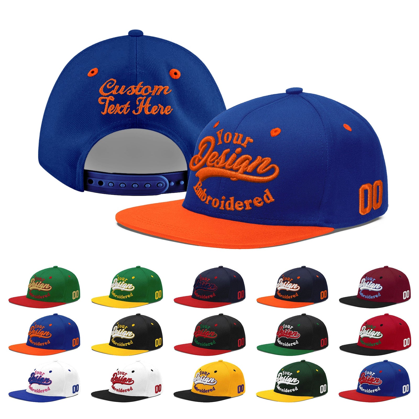 Custom Royal Blue Orange 3D Puff Embroidery Flat Embroidery Casual Sport Baseball Cap