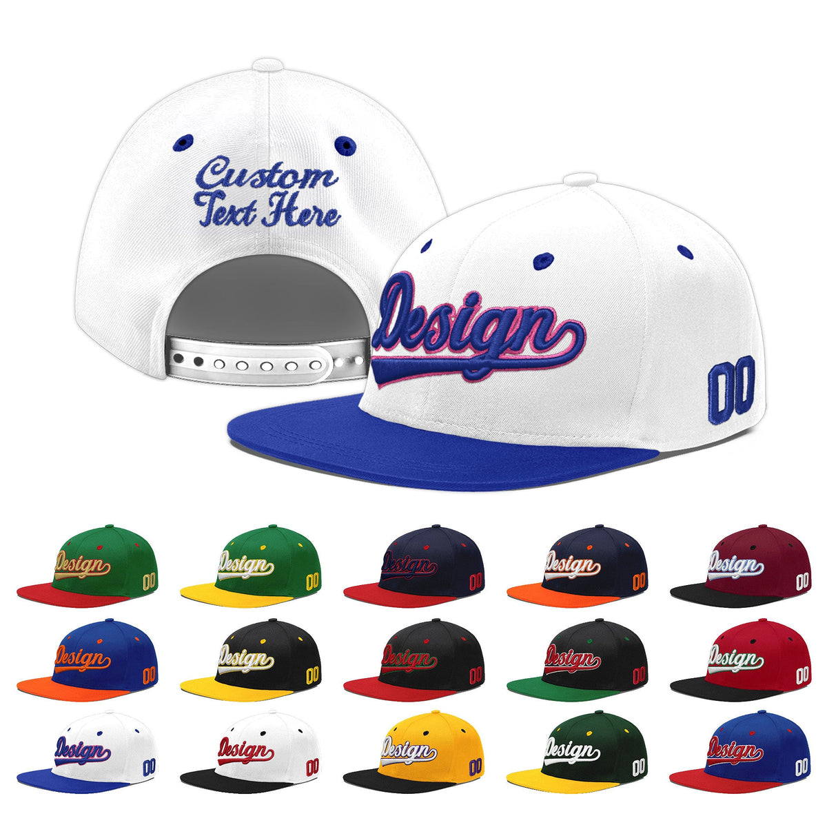 Custom White Royal Blue 3D Puff Embroidery Flat Embroidery Casual Sport Baseball Cap