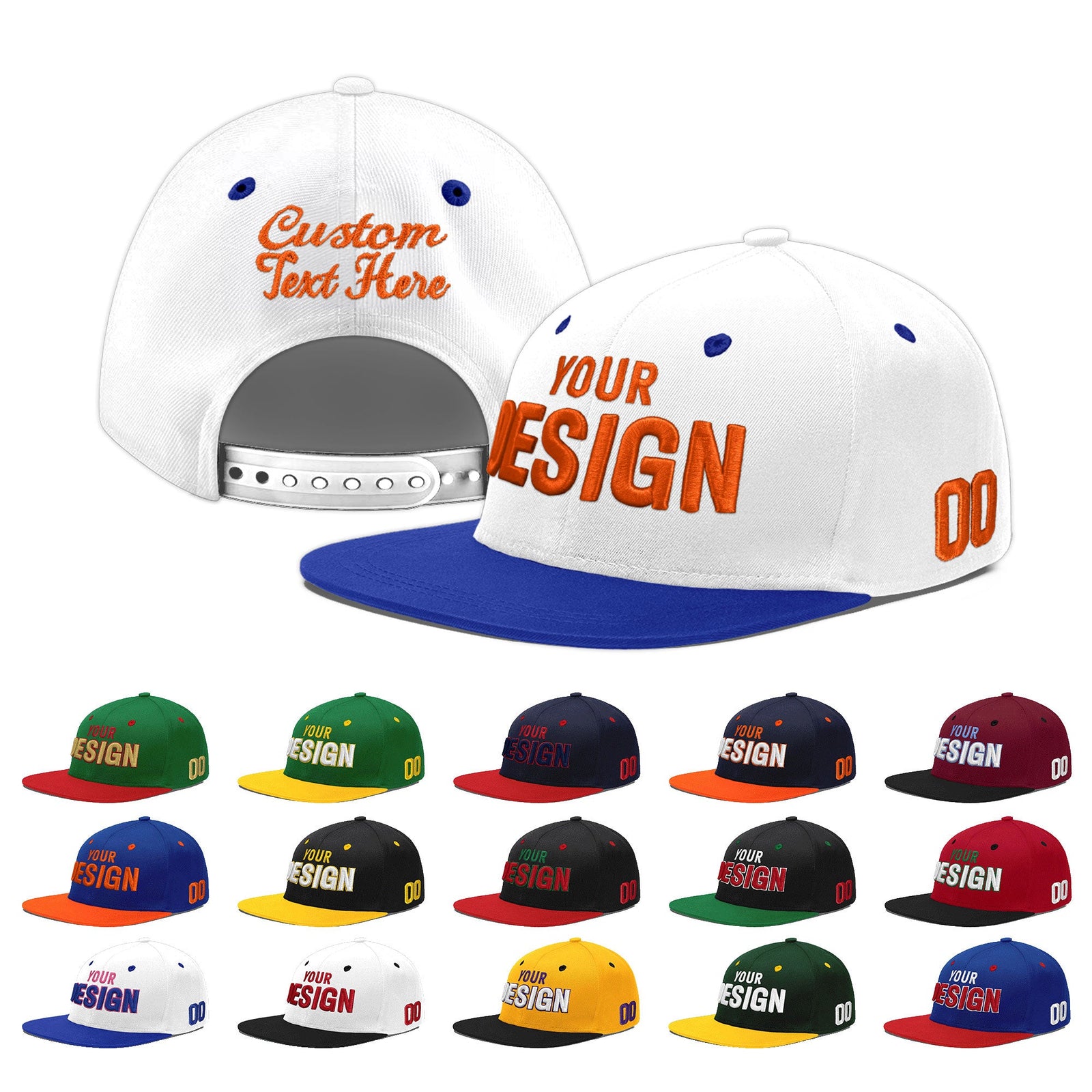 Custom White Royal Blue 3D Puff Embroidery Flat Embroidery Casual Sport Baseball Cap