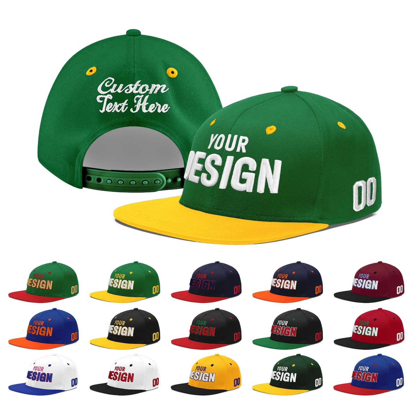 Custom Kelly Green Gold 3D Puff Embroidery Flat Embroidery Casual Sport Baseball Cap