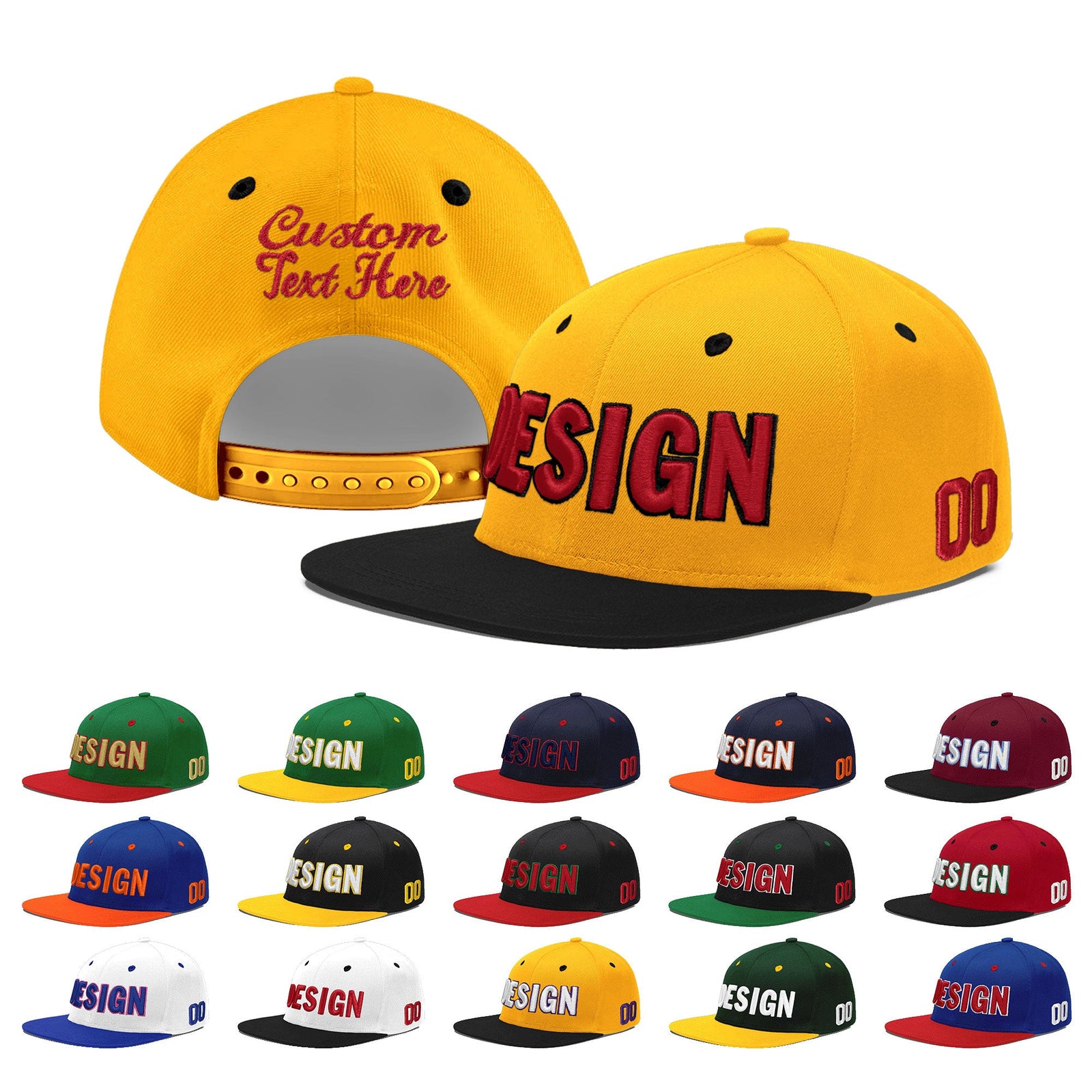 Custom Gold Black 3D Puff Embroidery Flat Embroidery Casual Sport Baseball Cap