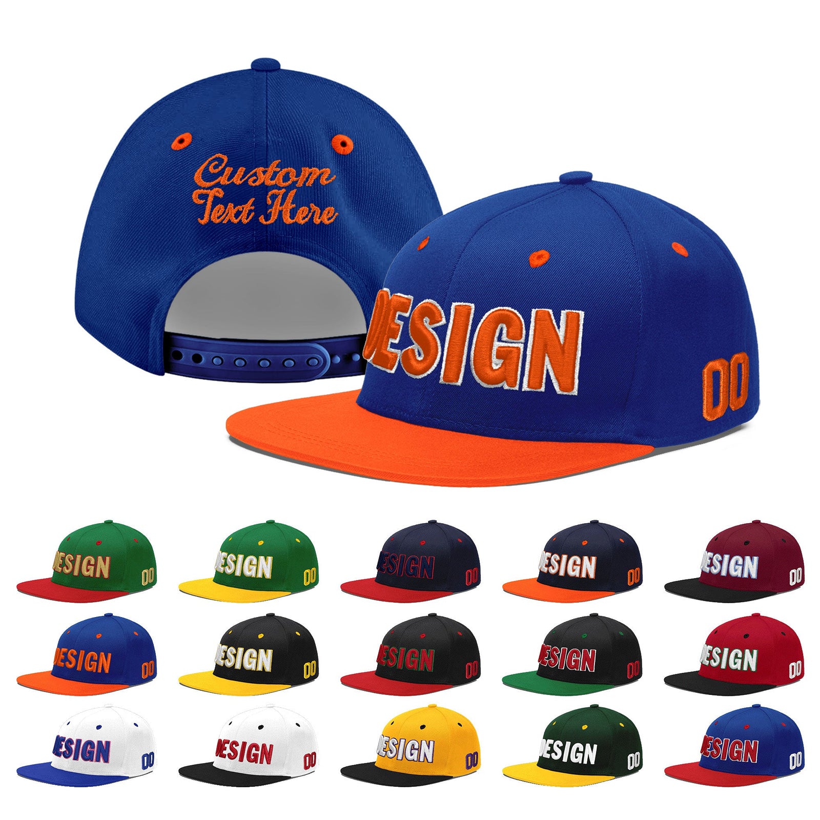 Custom Royal Blue Orange 3D Puff Embroidery Flat Embroidery Casual Sport Baseball Cap