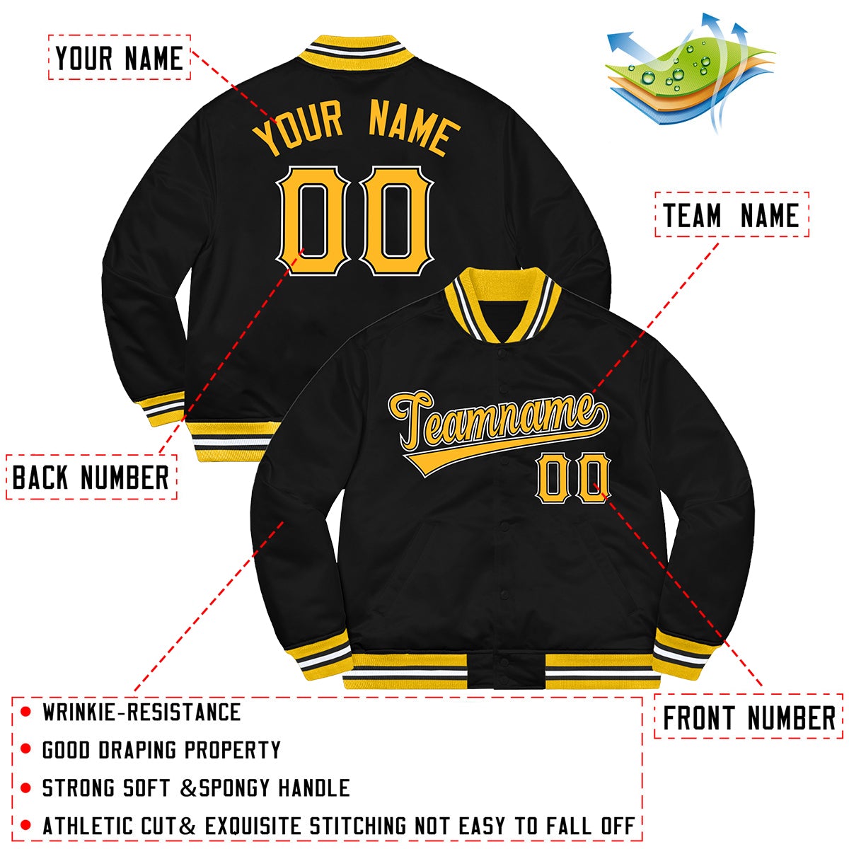 Custom Black Gold-White Letterman Solider Classic Style Varsity Full-Snap Jacket