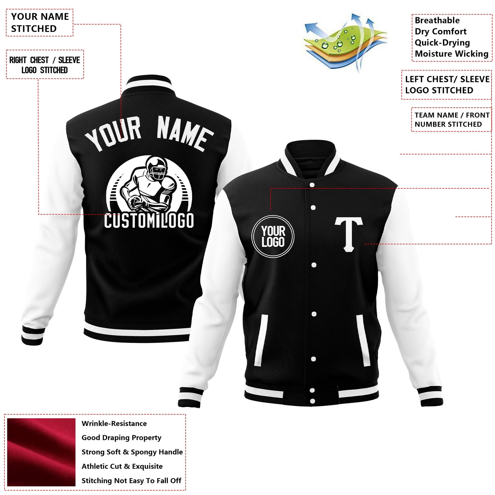 Custom Cotton Blend Baseball Jackets Varsity Letterman Full-Snap Coats for Adults
