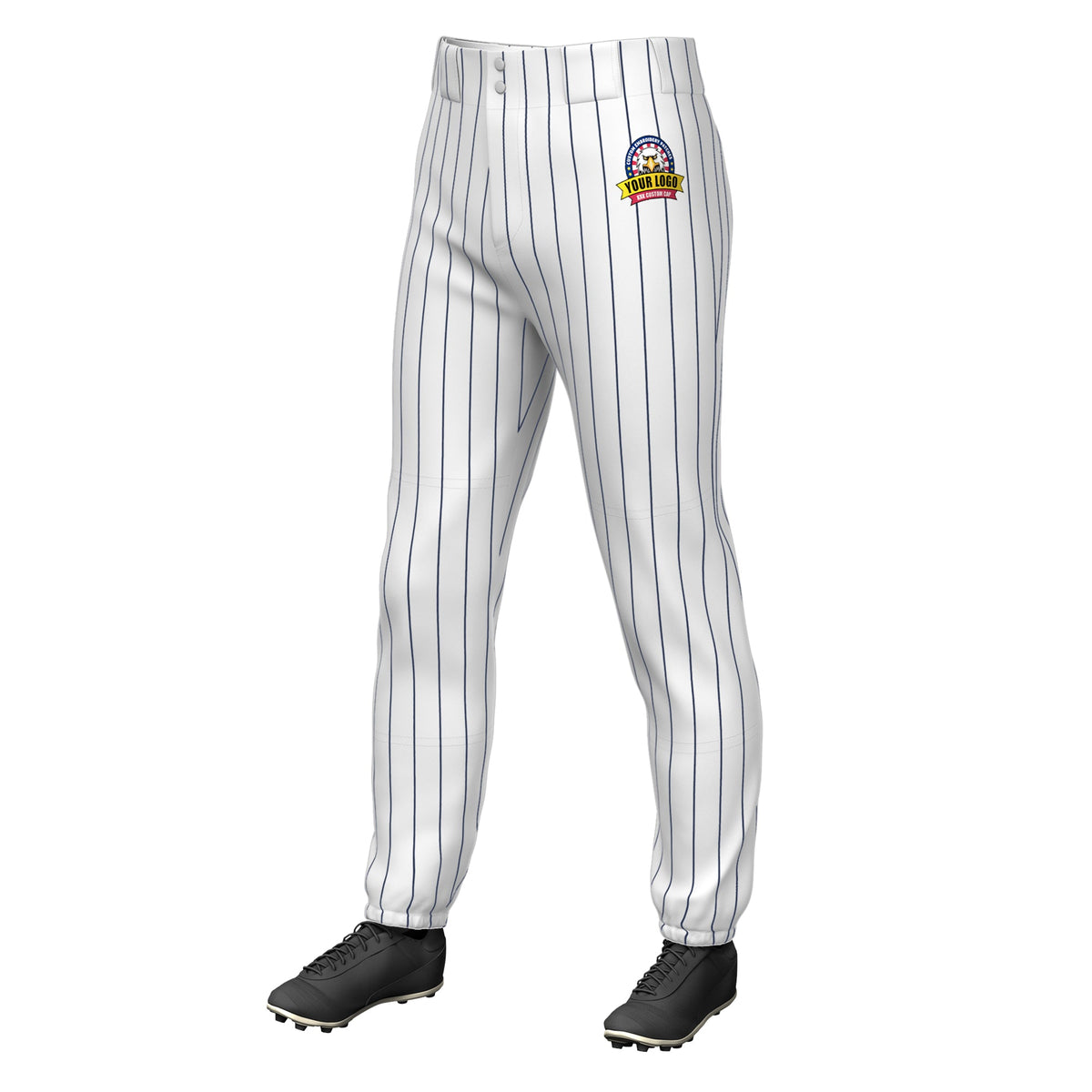 Custom White Navy Pinstripe Fit Stretch Practice Pull-up Baseball Pants