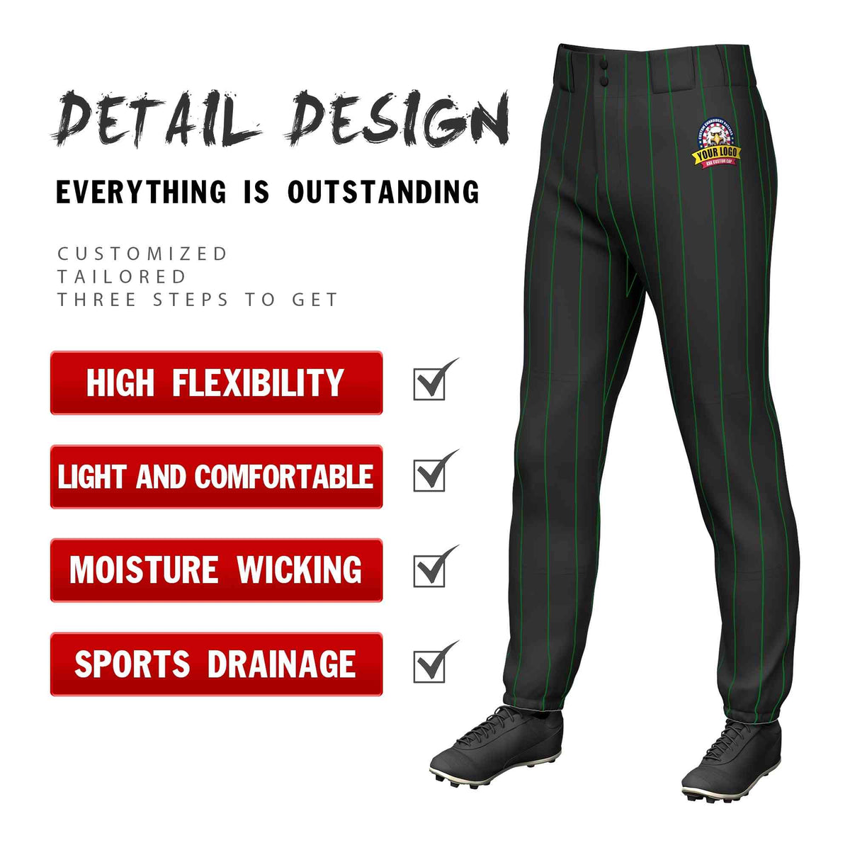Custom Black Kelly Green Pinstripe Fit Stretch Practice Pull-up Baseball Pants