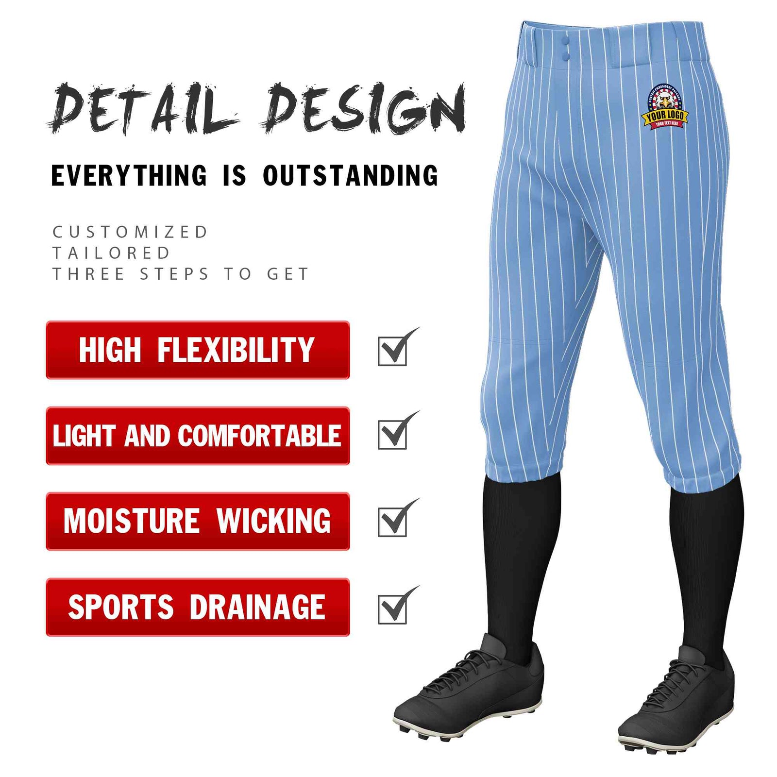Custom Light Blue White Pinstripe Fit Stretch Practice Knickers Baseball Pants
