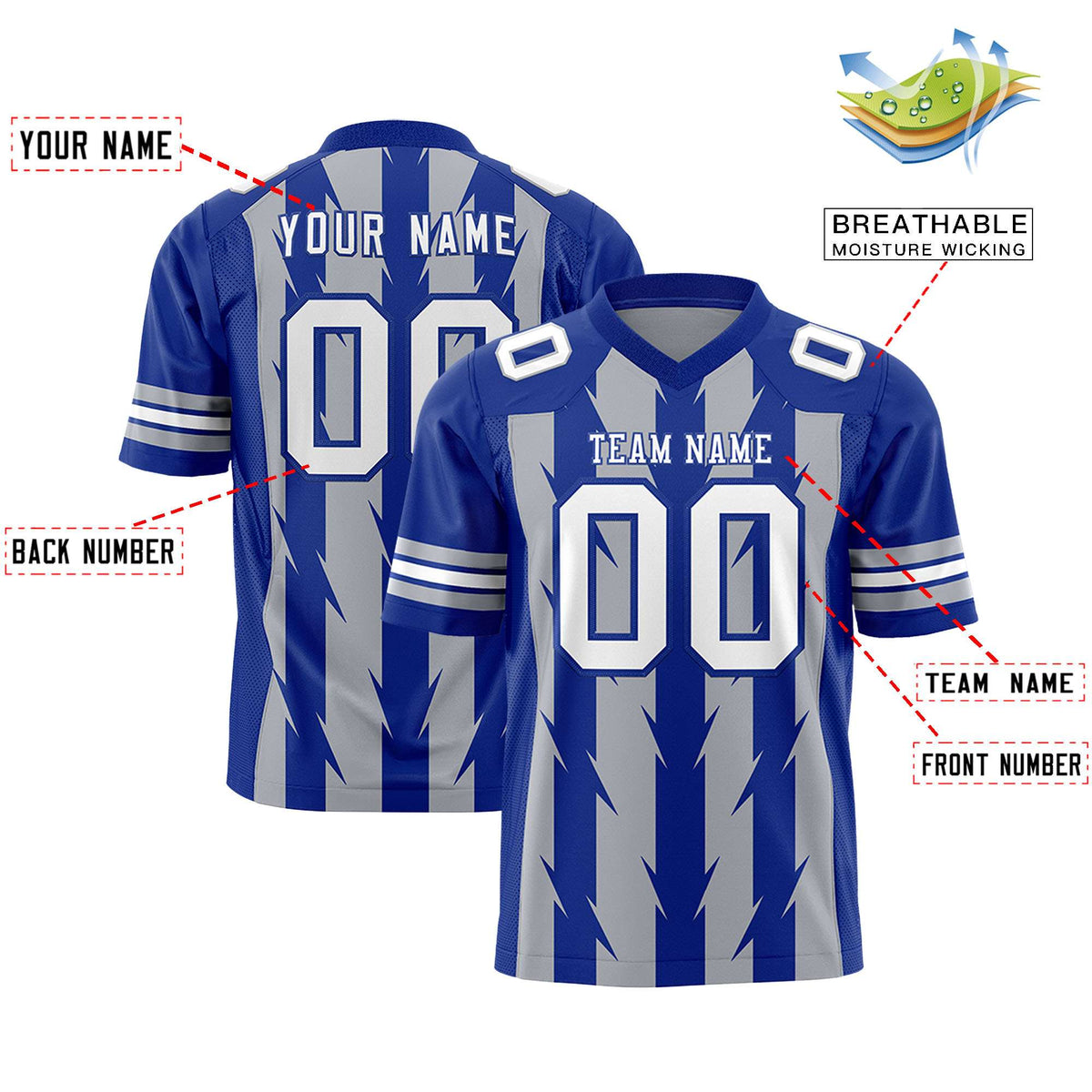 Custom Gray Royal Personalized Razr Stripe Graffiti Pattern Flag Football Jersey