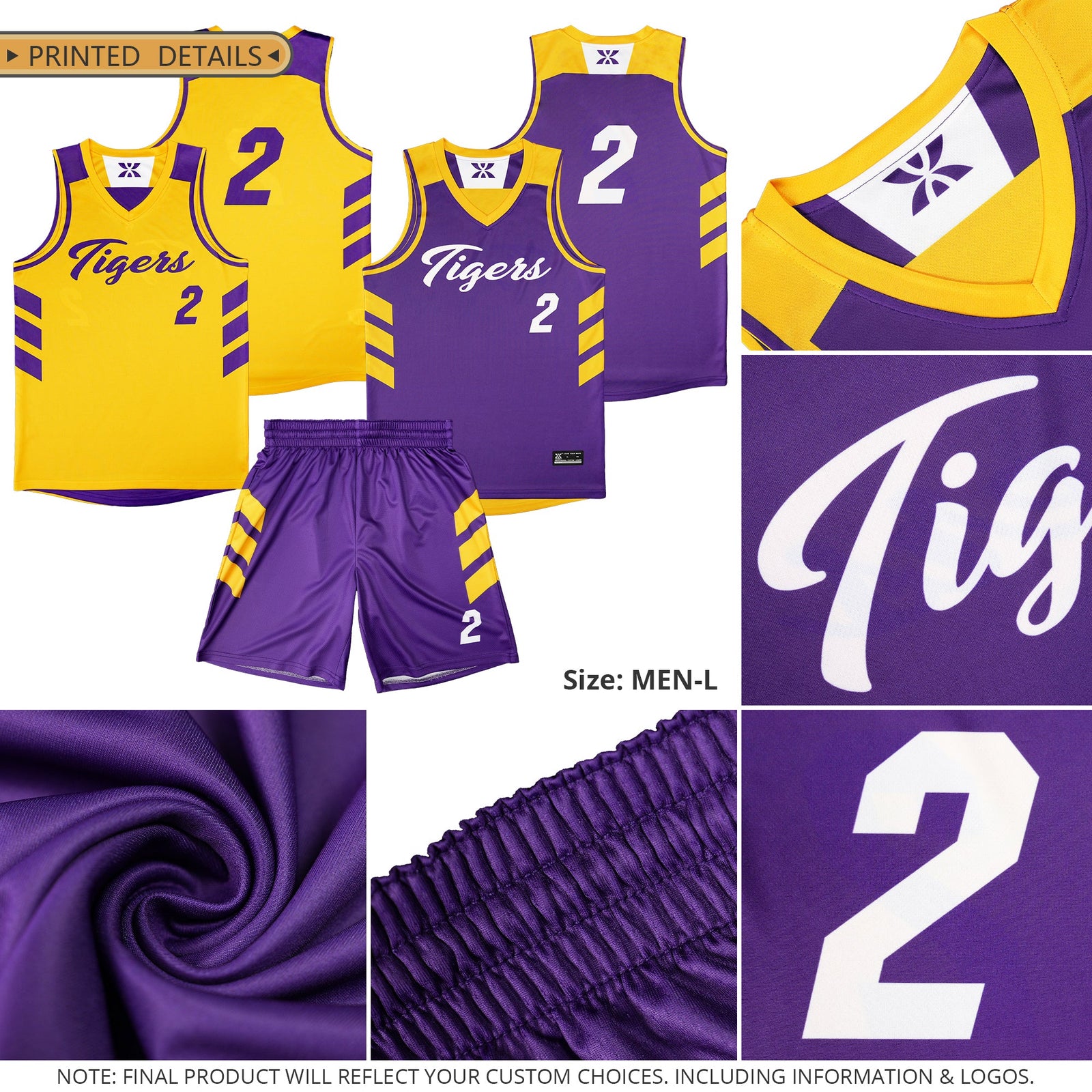 Custom Purple Yellow-White Double Side Sets Men Basketball Jersey