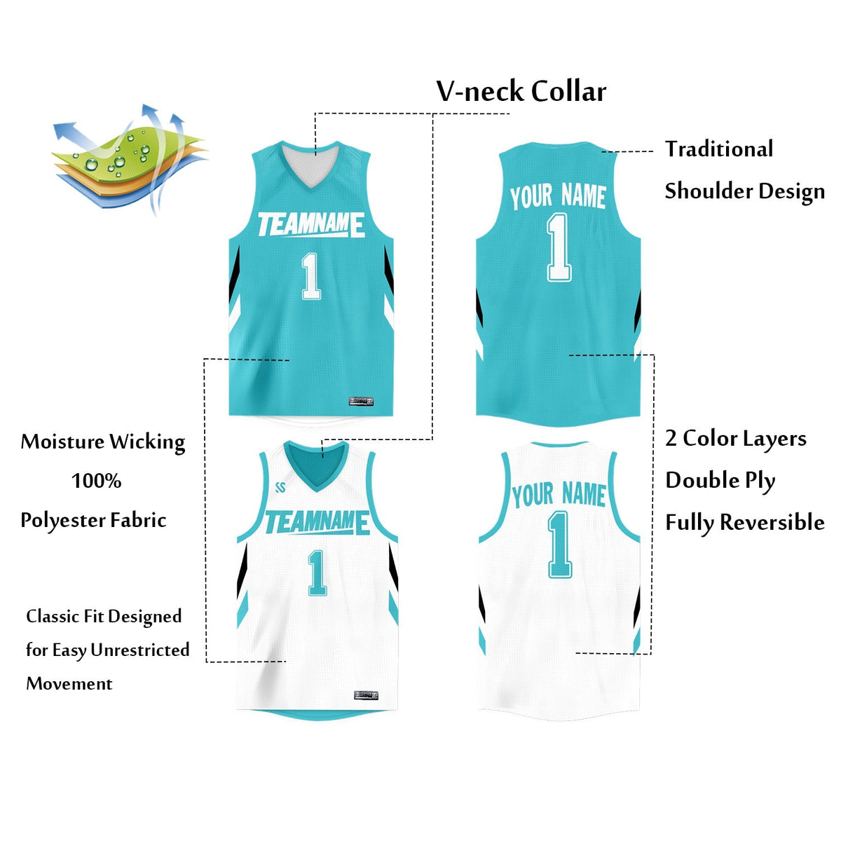 Custom Aqua White Double Side Tops Athletic Basketball Jersey
