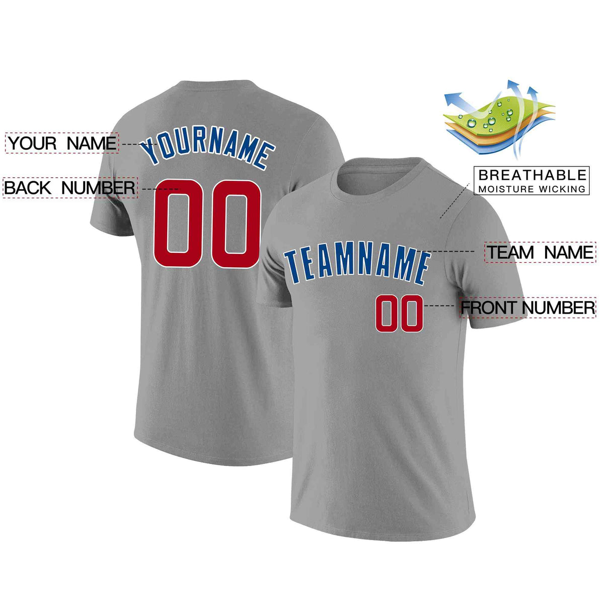 Custom Gray Royal-White Classic Style Crew neck T-Shirts Full Sublimated