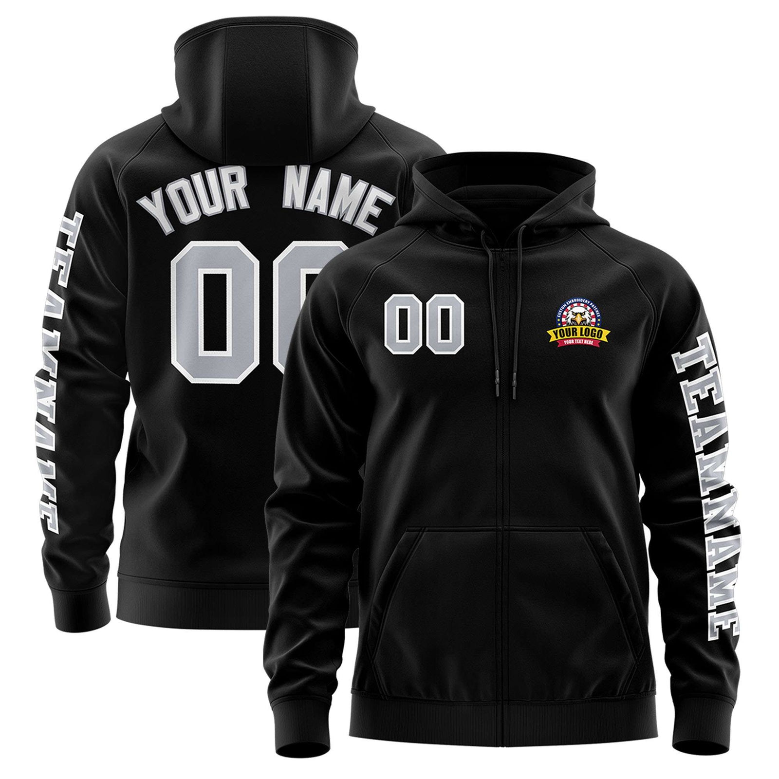 Custom Black Gray Varsity Full-Zip Letterman Classic Jacket Hoodie