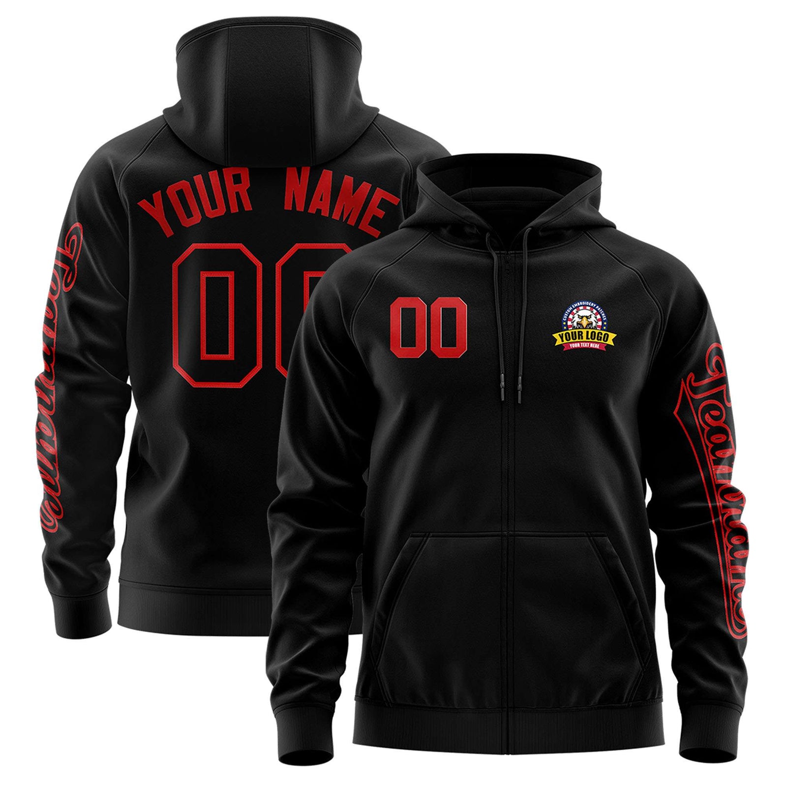 Custom Black Red Varsity Full-Zip Letterman Classic Jacket Hoodie