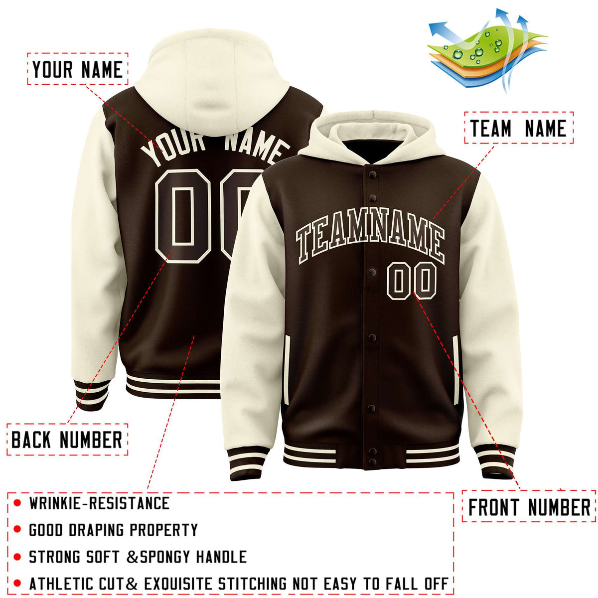 Custom Brown Cream Raglan Sleeves Varsity Full-Snap Letterman Two Tone Jacket Hoodie