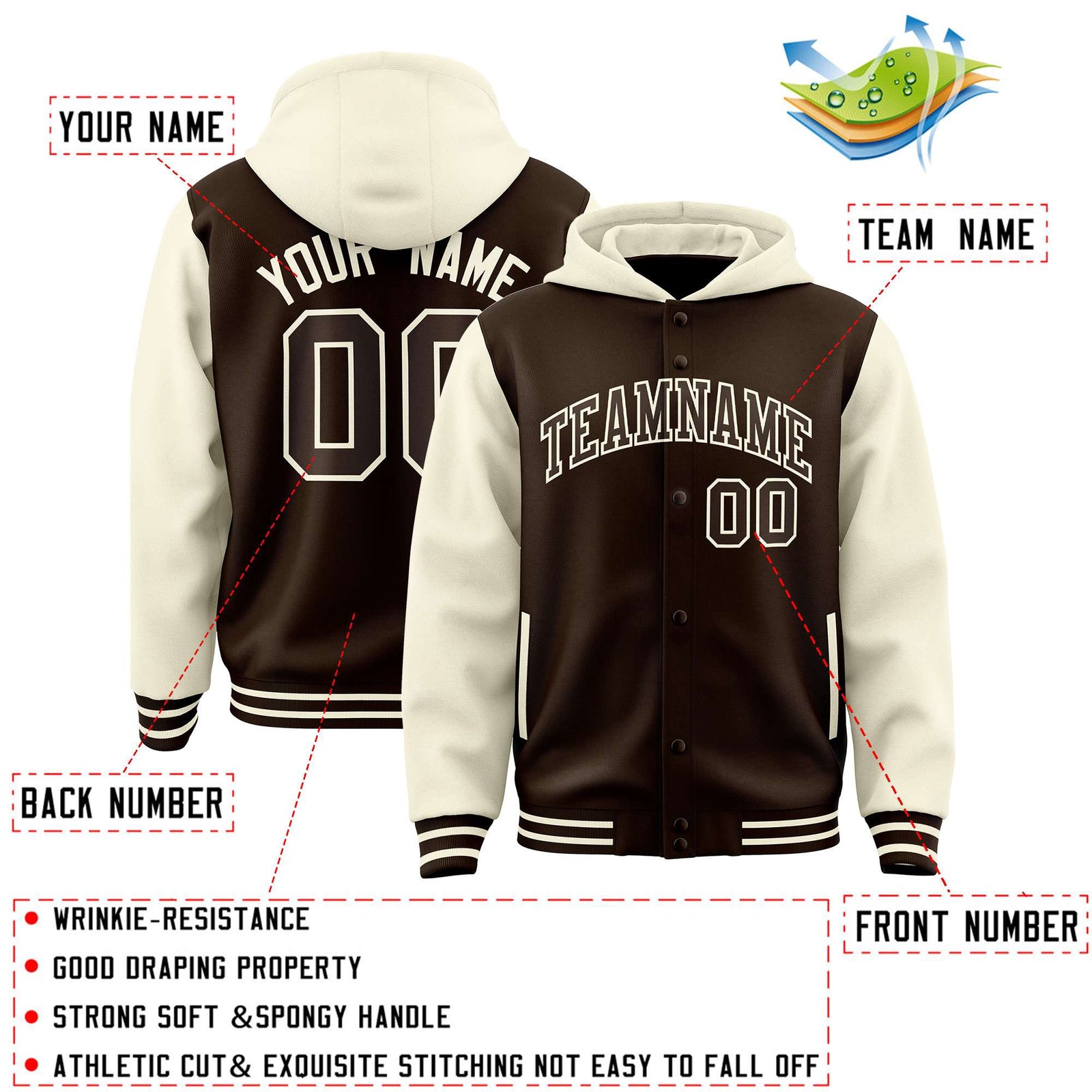 Custom Brown Cream Raglan Sleeves Varsity Full-Snap Letterman Two Tone Jacket Hoodie