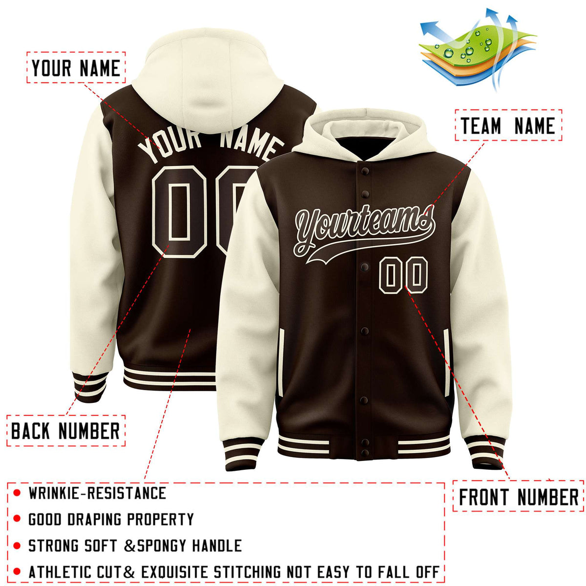 Custom Brown Cream Raglan Sleeves Varsity Full-Snap Letterman Two Tone Jacket Hoodie