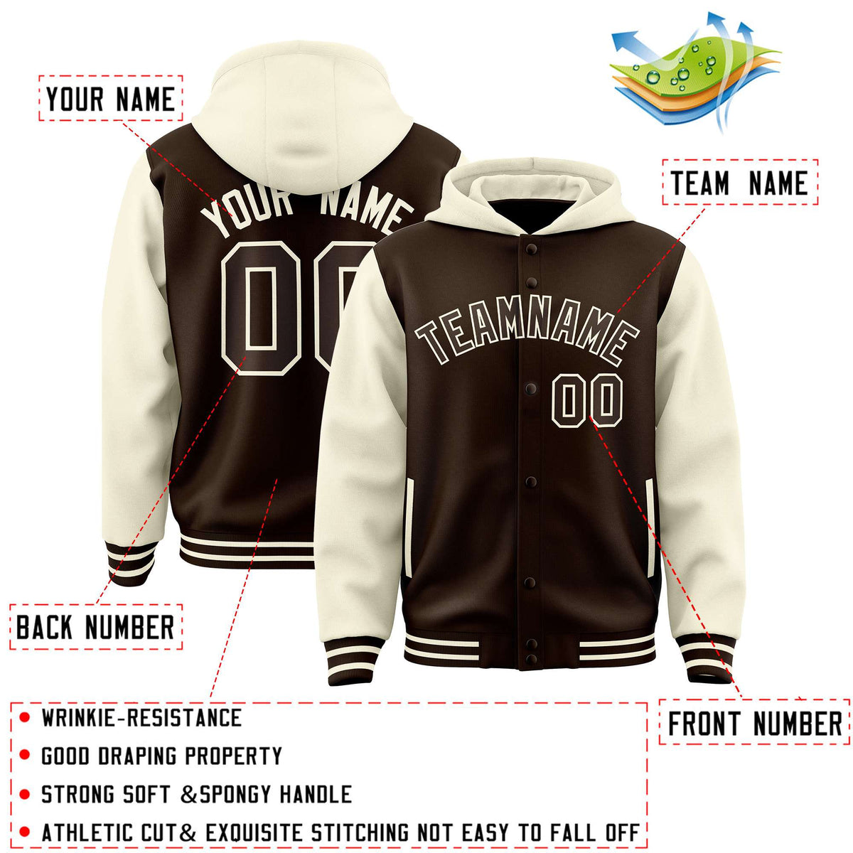 Custom Brown Cream Raglan Sleeves Varsity Full-Snap Letterman Two Tone Jacket Hoodie