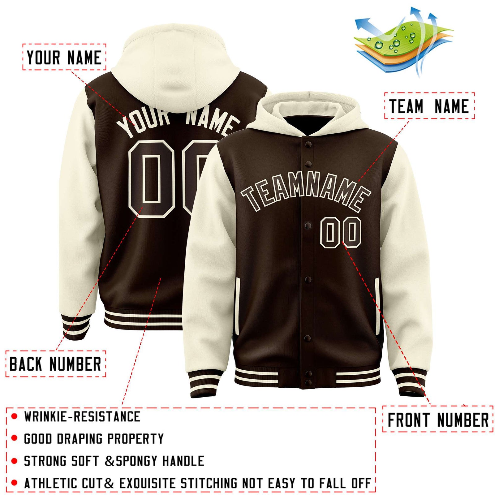 Custom Brown Cream Raglan Sleeves Varsity Full-Snap Letterman Two Tone Jacket Hoodie
