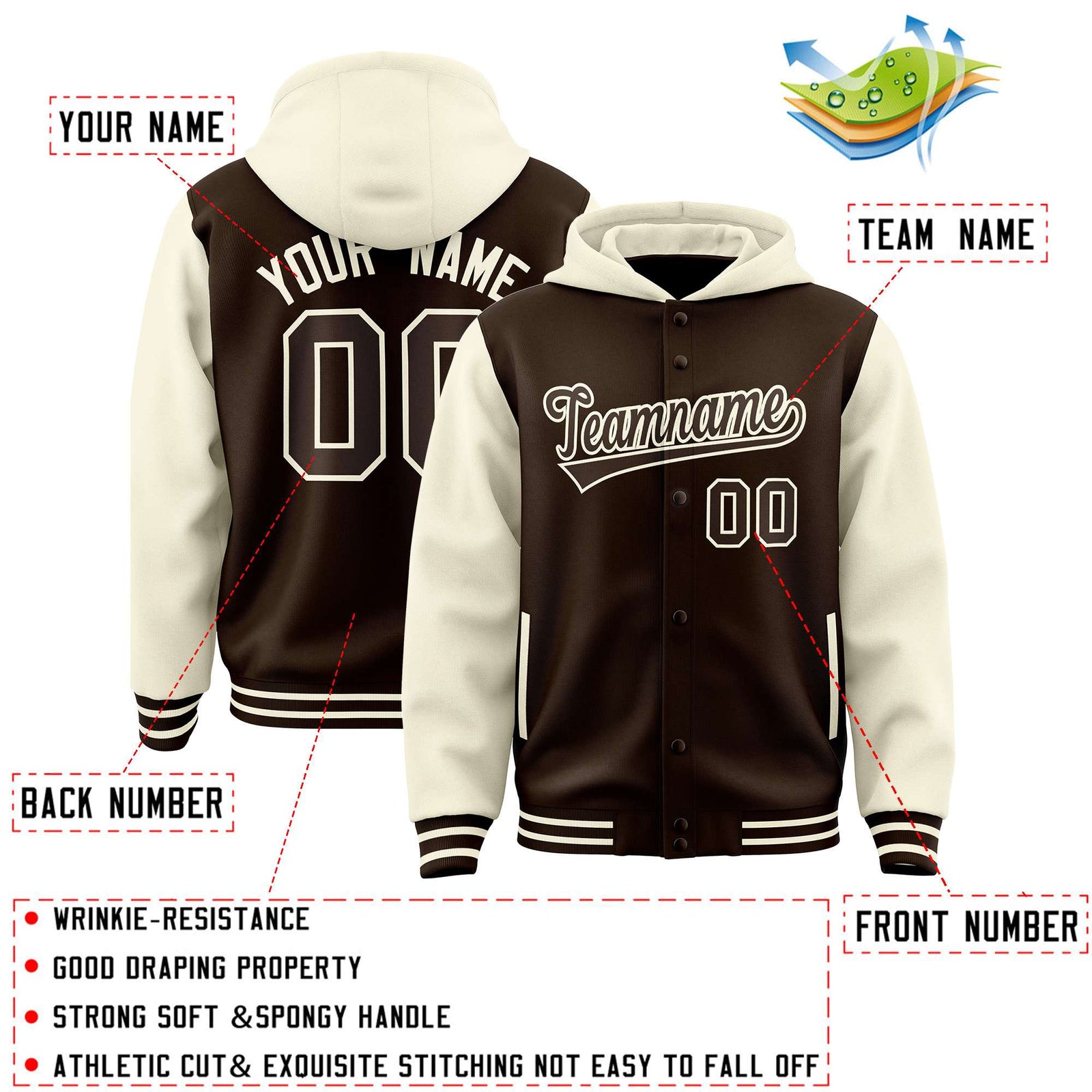 Custom Brown Cream Raglan Sleeves Varsity Full-Snap Letterman Two Tone Jacket Hoodie
