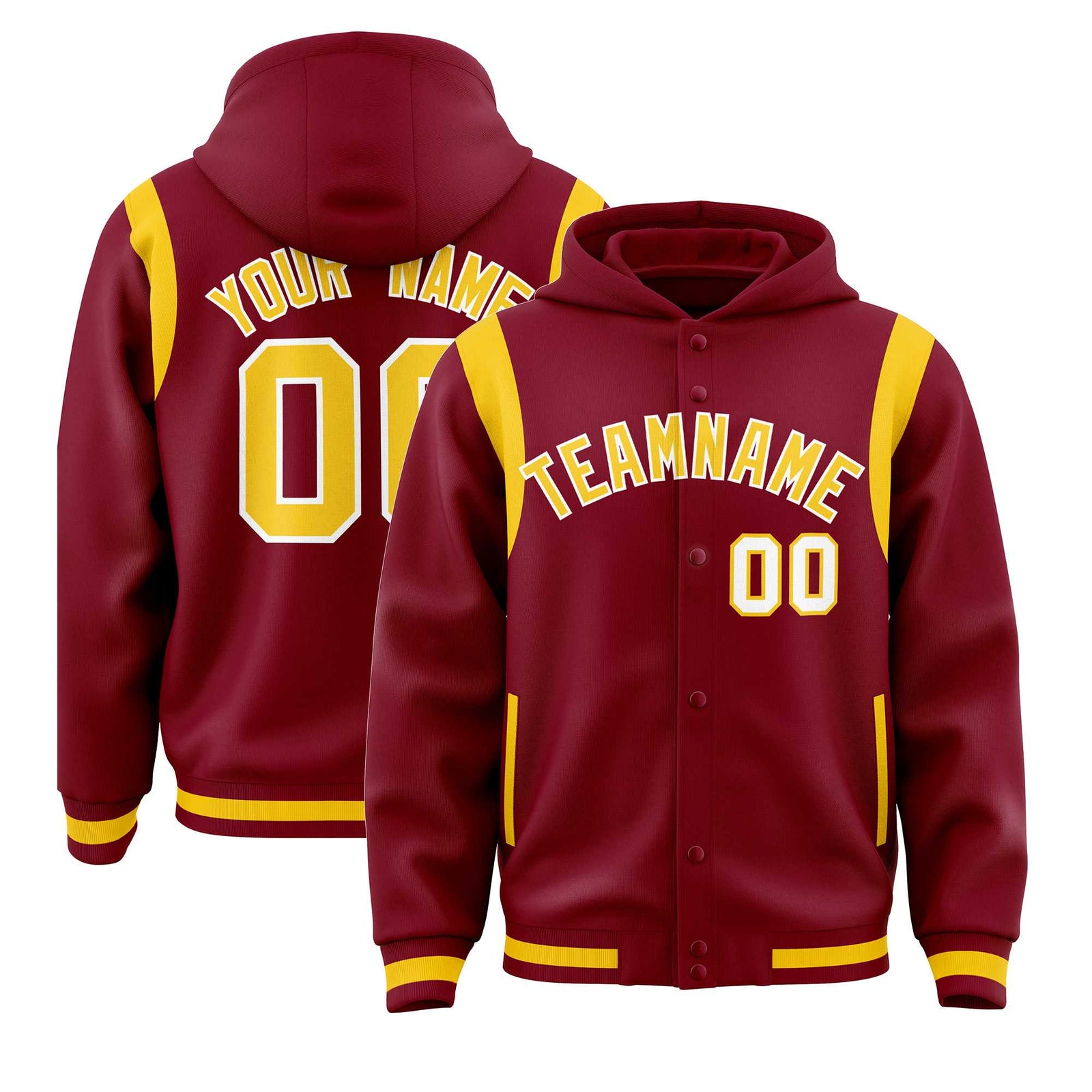 Custom Crimson Gold Varsity Full-Snap Letterman Shoulder Color Block Jacket Hoodie