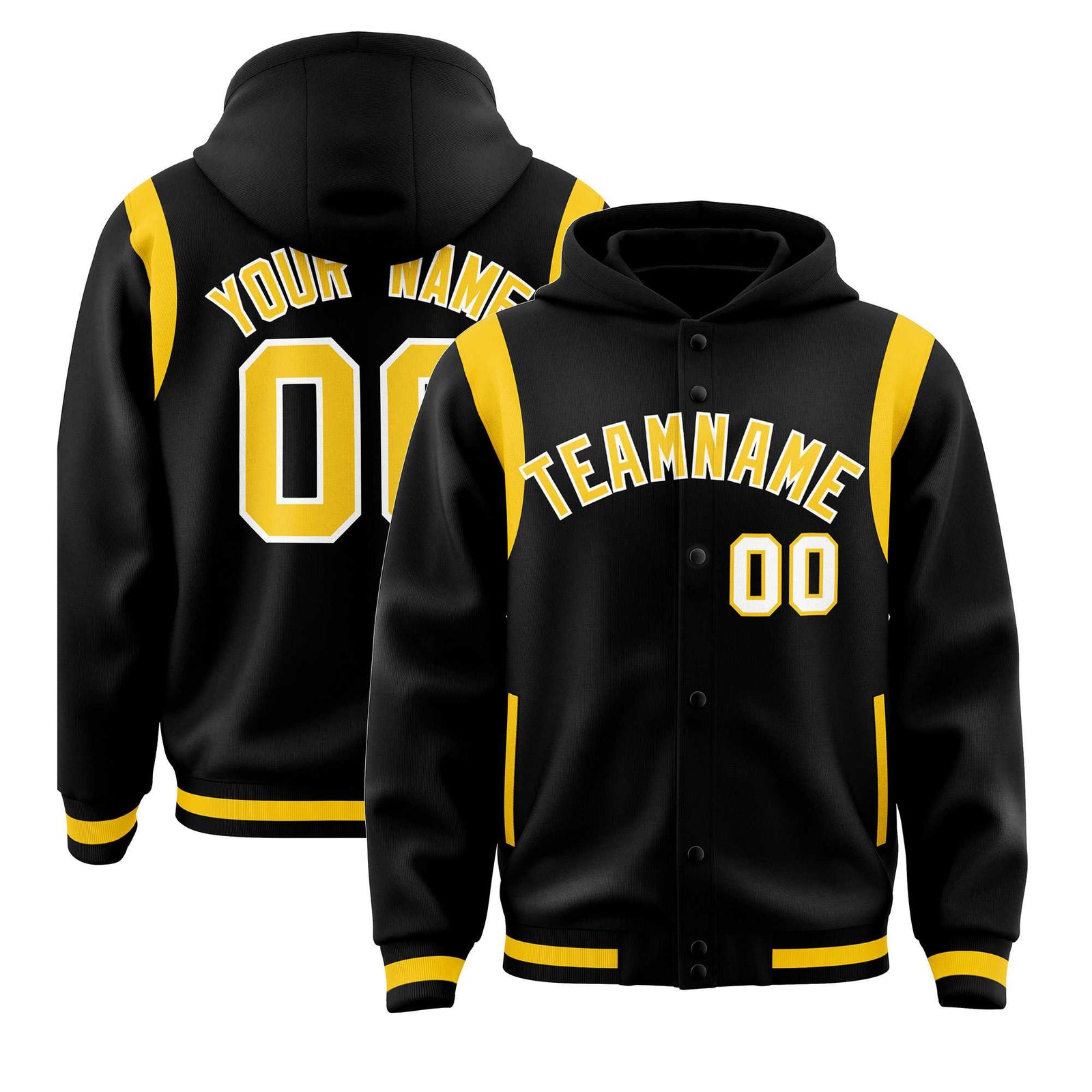 Custom Black Gold Varsity Full-Snap Letterman Shoulder Color Block Jacket Hoodie