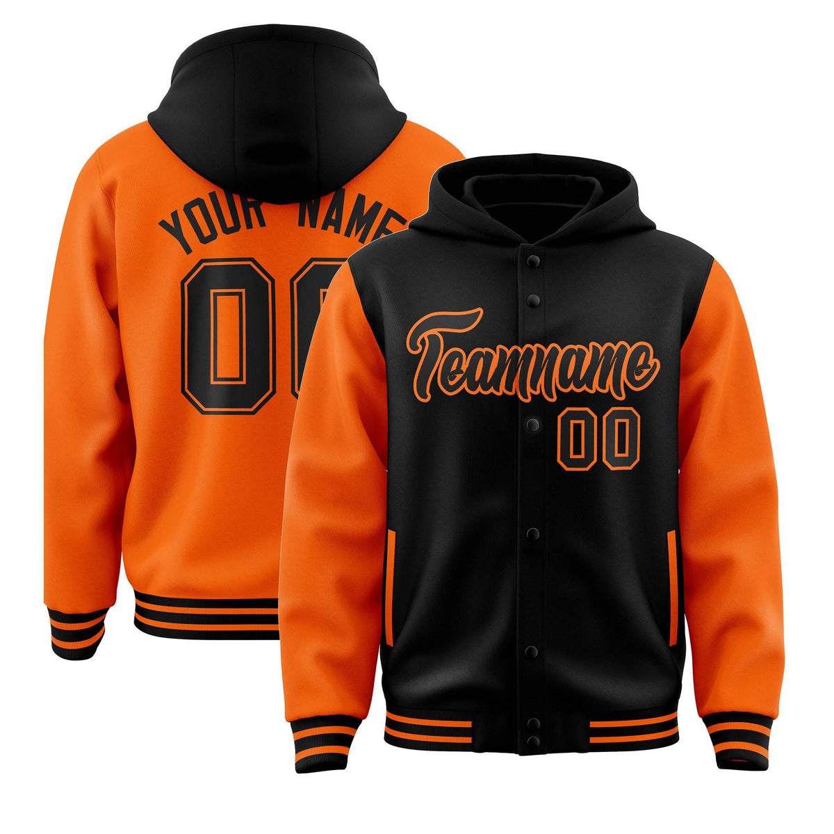 Custom Black Orange Raglan Sleeves Varsity Full-Snap Letterman Two Tone Jacket Hoodie